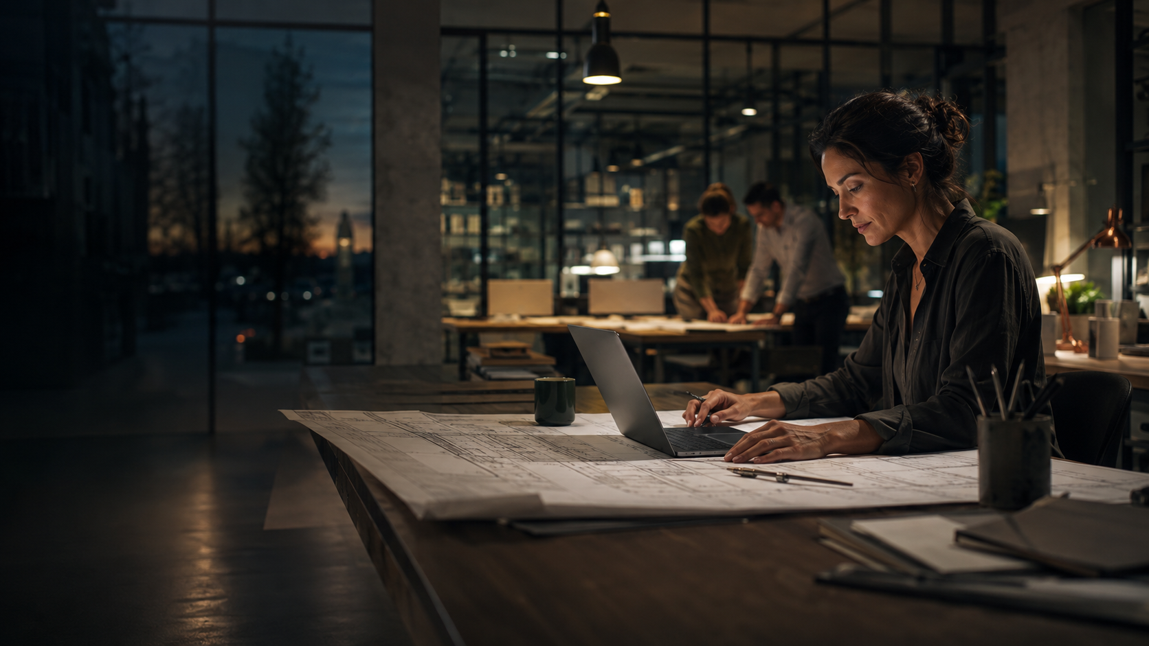 An architect working on project drawings at a studio laptop
